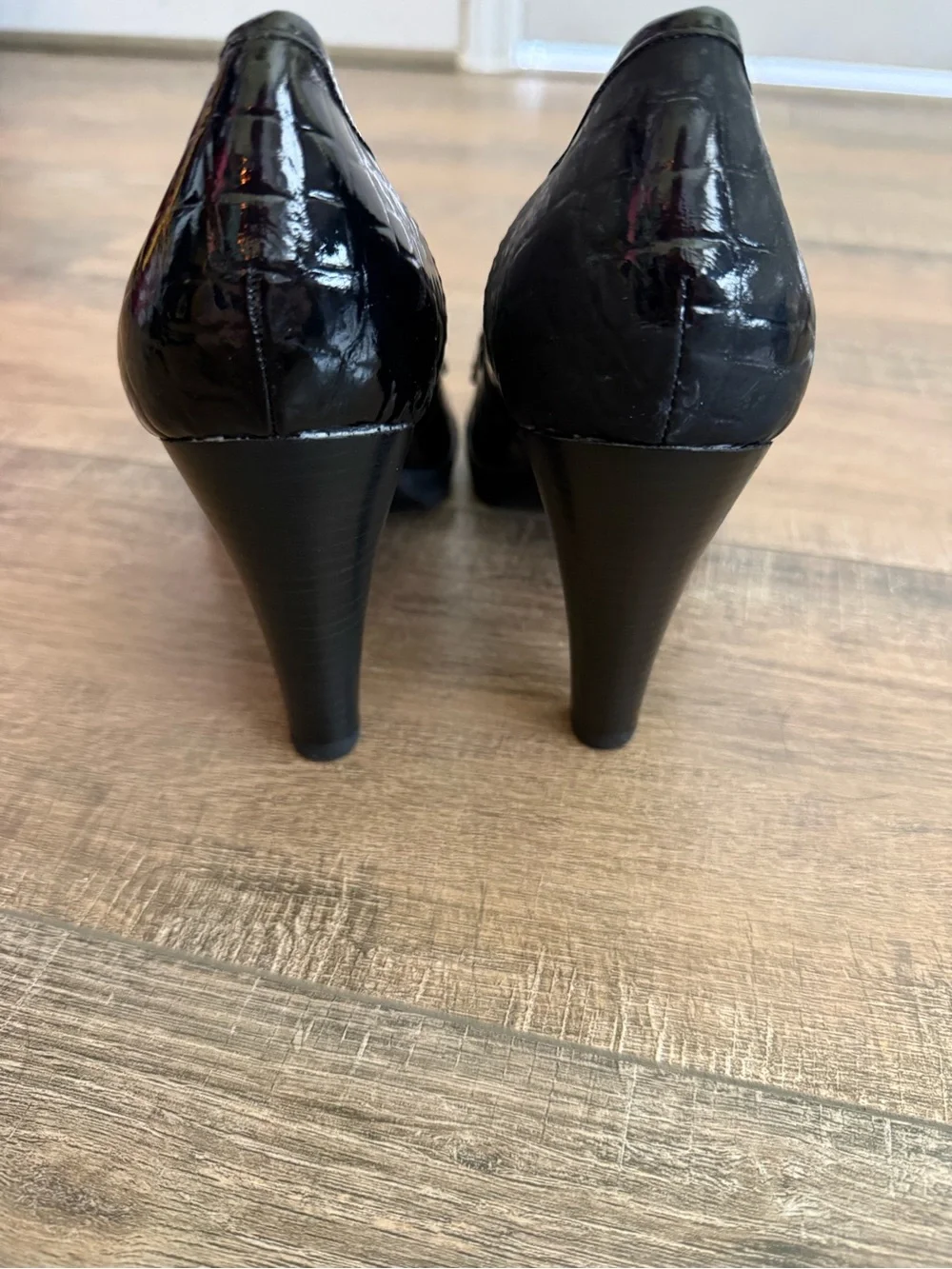 Anne Klein Black Patent Croc-Embossed Loafers with Metallic Accents